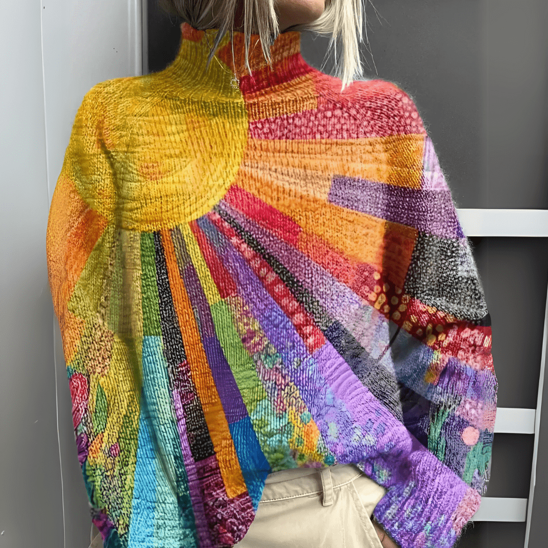 Turtleneck Long Sleeve Patchwork Print Knit Sweater 2