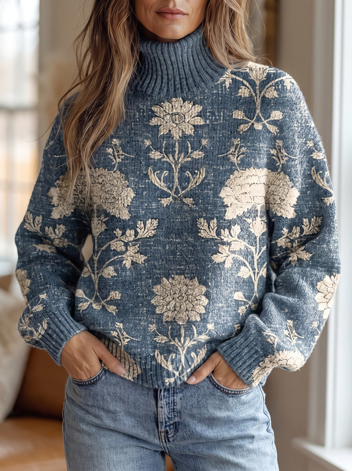 Turtleneck Floral Print Knit Sweater