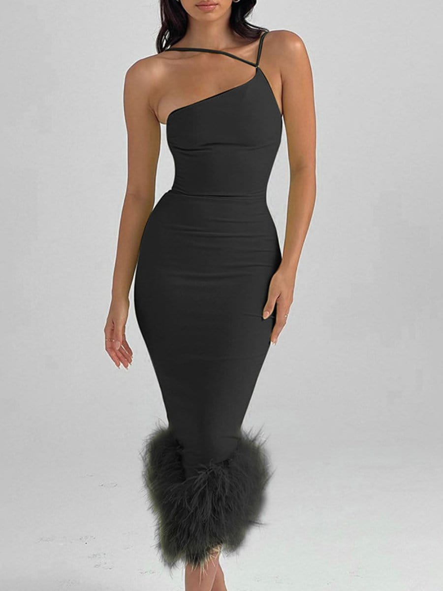 Sonia One Shoulder Feather Midi Dress - View 15