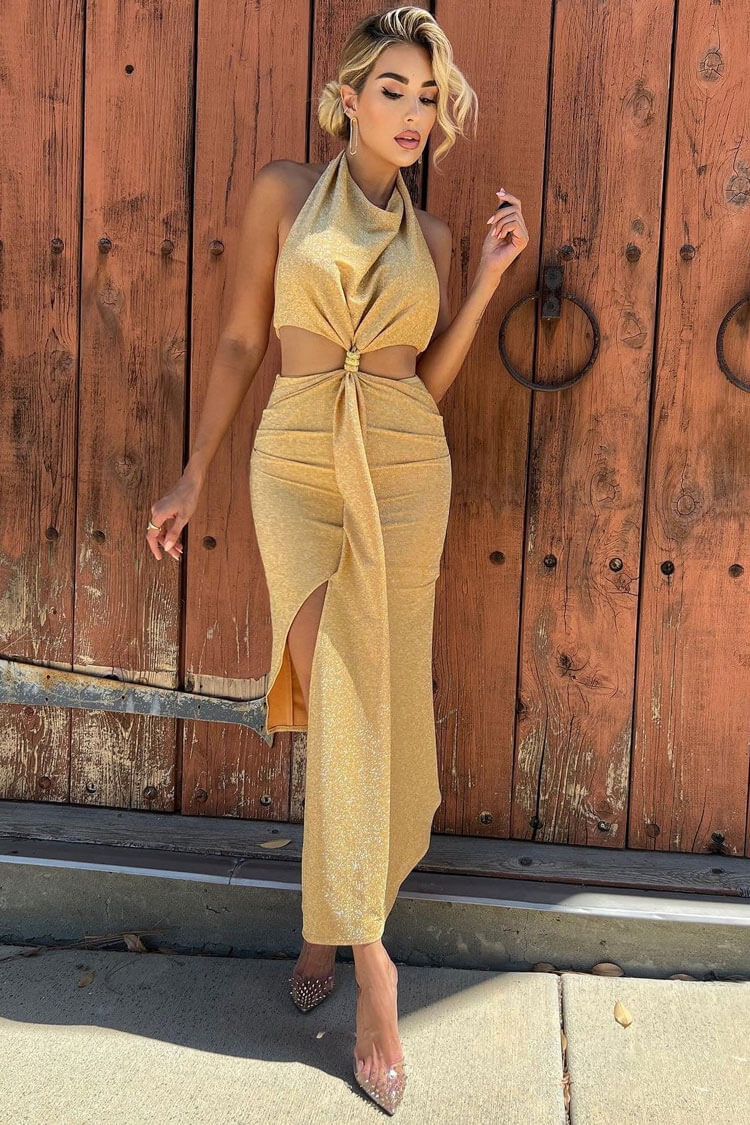 Halter Chain Link Cut Out Draped Midi Dress
