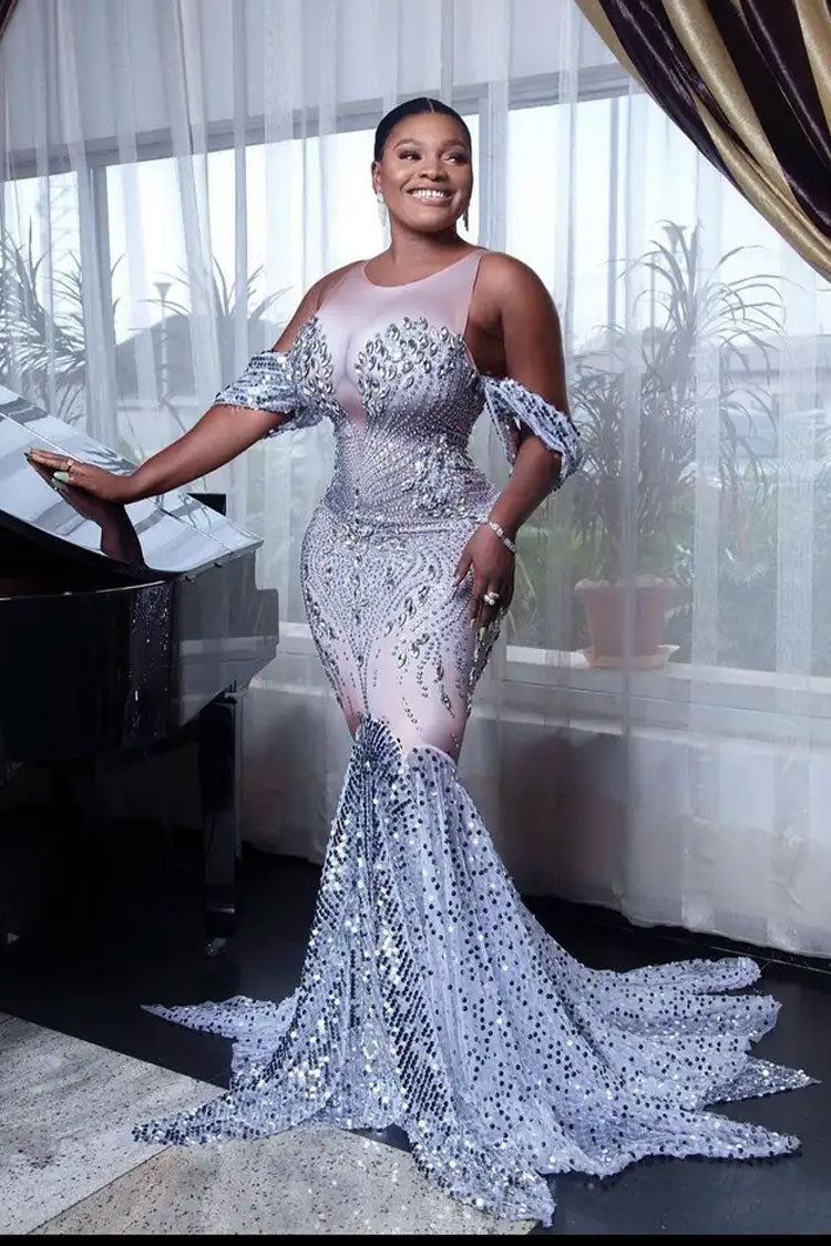 Rhinestone Off Shoulder Illusion Mermaid Fishtail Gown - View 2