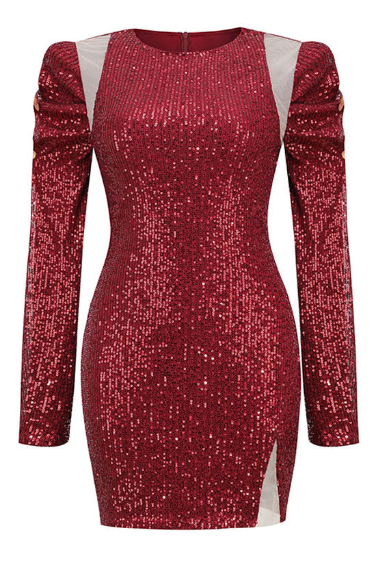 Round Neck Long Sleeve Cut Out Sequin Bodycon Mini Dress - View 3