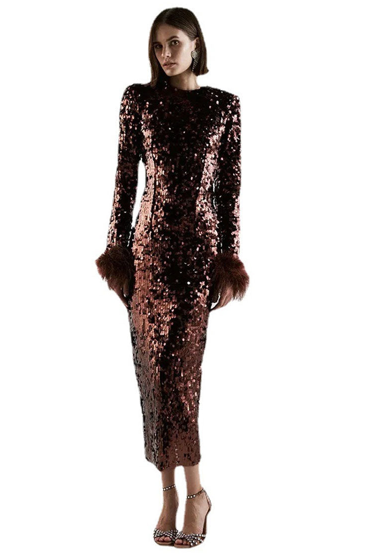 Mock Neck Long Sleeve Feather Trim Sequin Bodycon Midi Dress - View 3