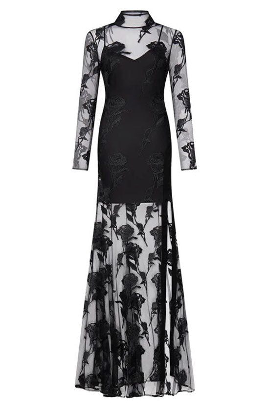 Floral High Neck Long Sleeve Sheer Mesh High Split Maxi Dress - View 5