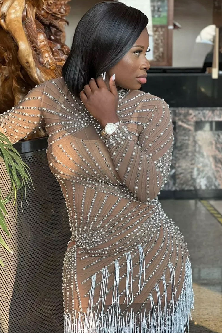 Mesh High Neck Long Sleeve Rhinestone Fringe Mini Dress - View 3