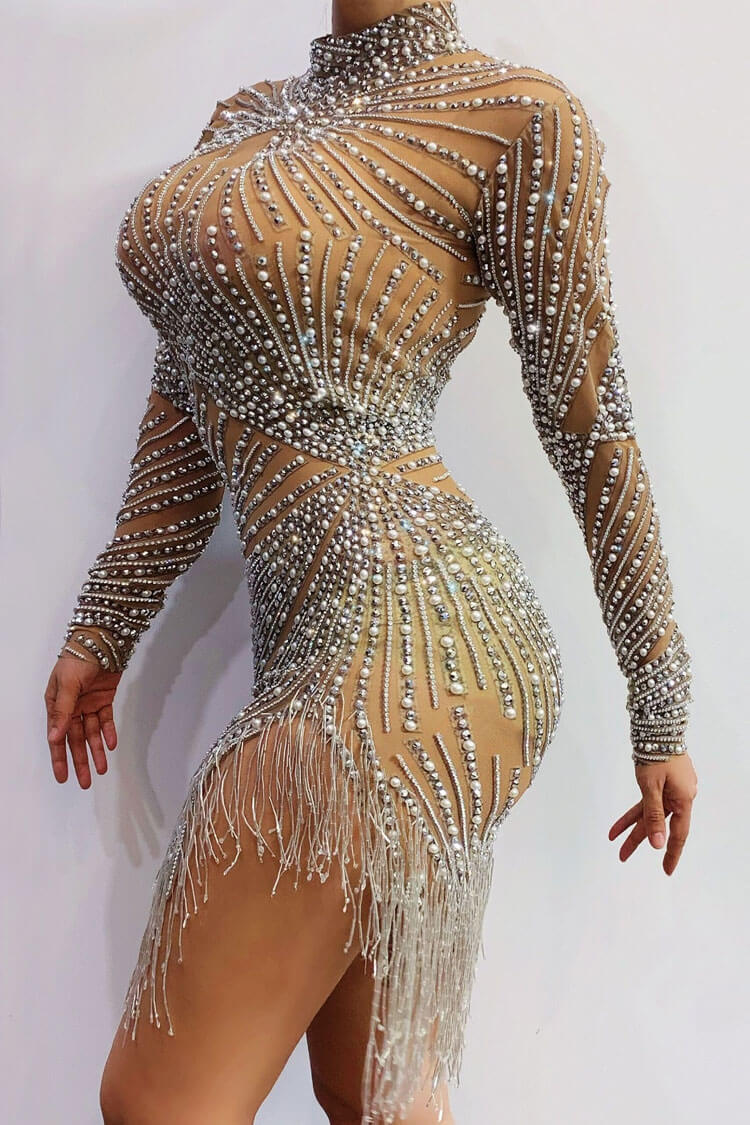 Mesh High Neck Long Sleeve Rhinestone Fringe Mini Dress - View 5