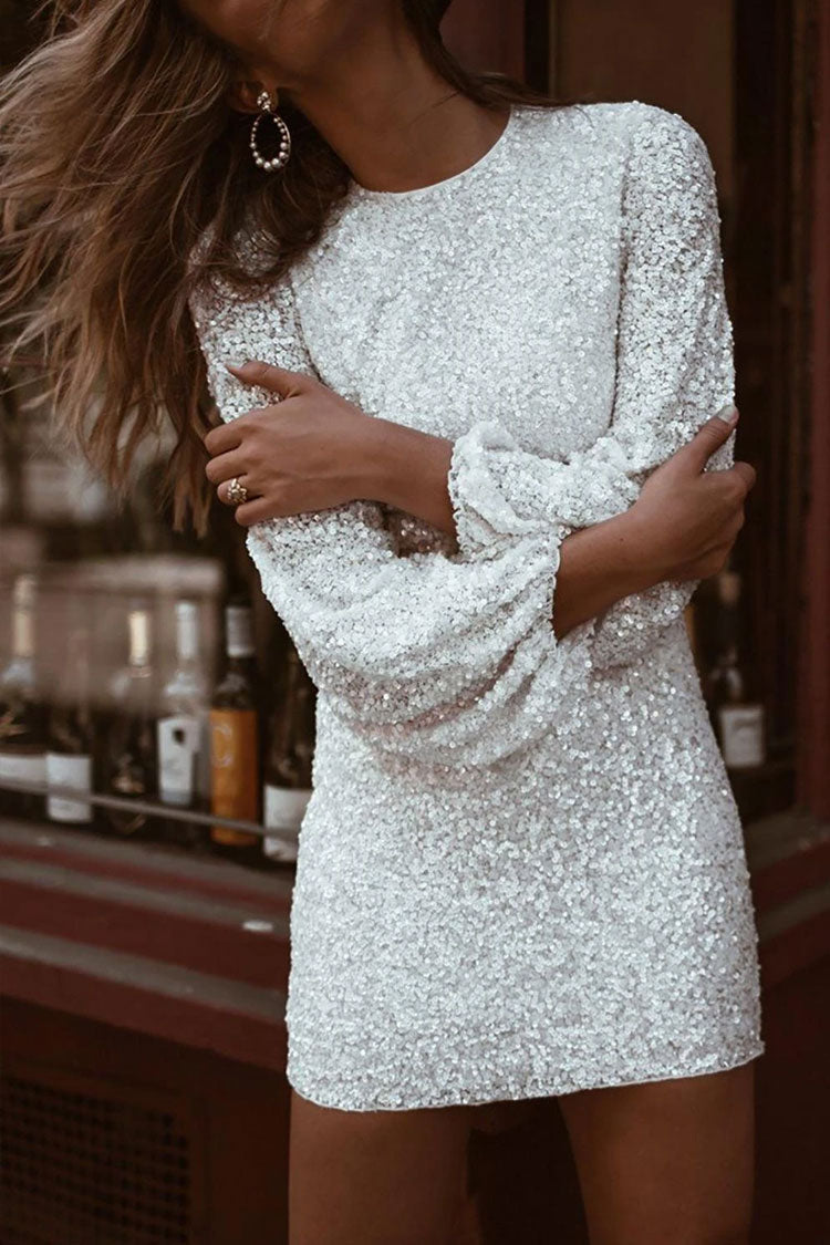 Sequin Round Neck Puff Sleeve Bodycon Mini Dress in Gold - View 6