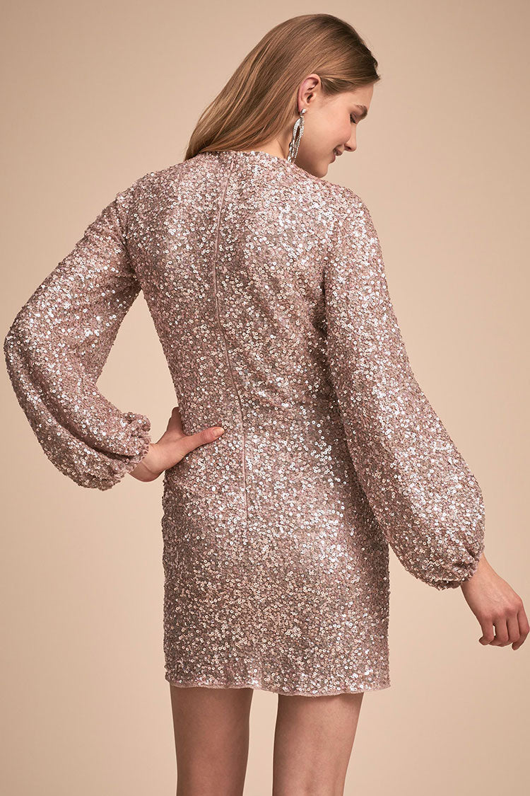 Sequin Round Neck Puff Sleeve Bodycon Mini Dress - View 6