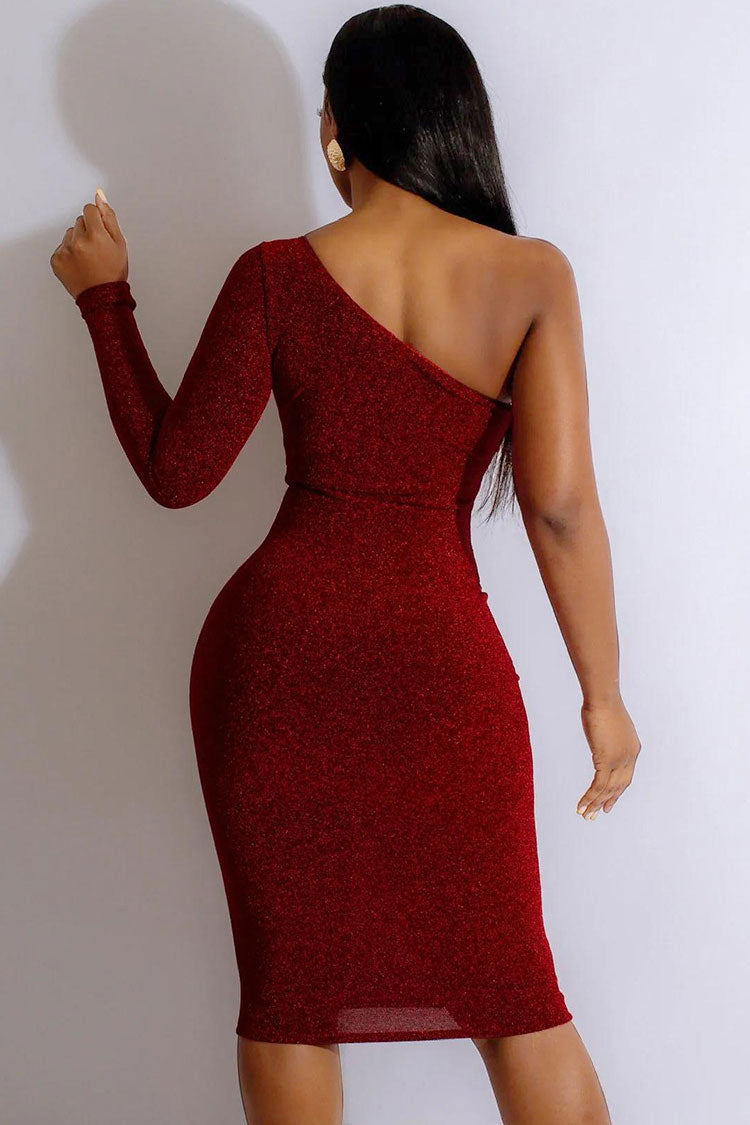 Lurex One Shoulder Long Sleeve Cut Out Bodycon Midi Dress in Red - View 2