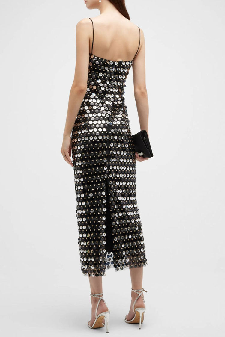 Sequin Square Neck Spaghetti Strap Bodycon Midi Dress in Black - View 3