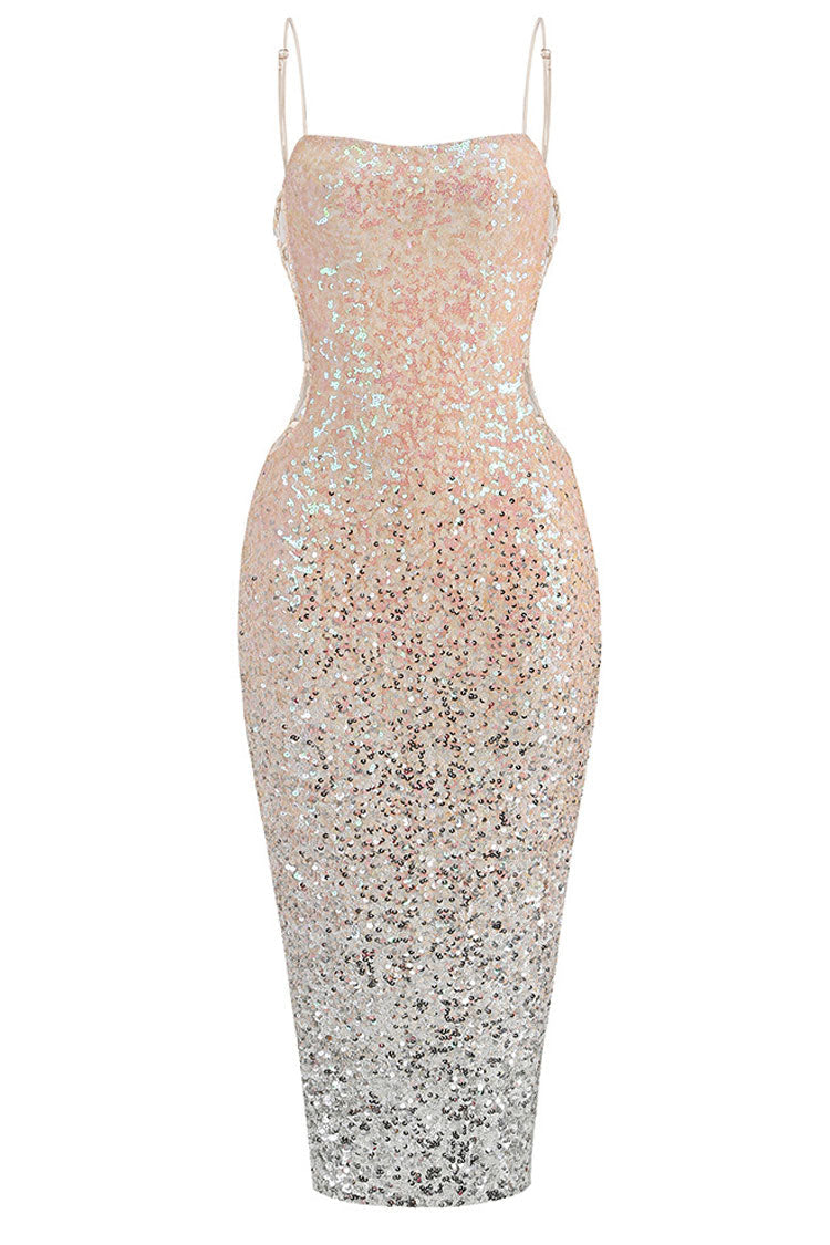 Ombre Sequin Square Neck Spaghetti Strap Mermaid Midi Dress - View 5