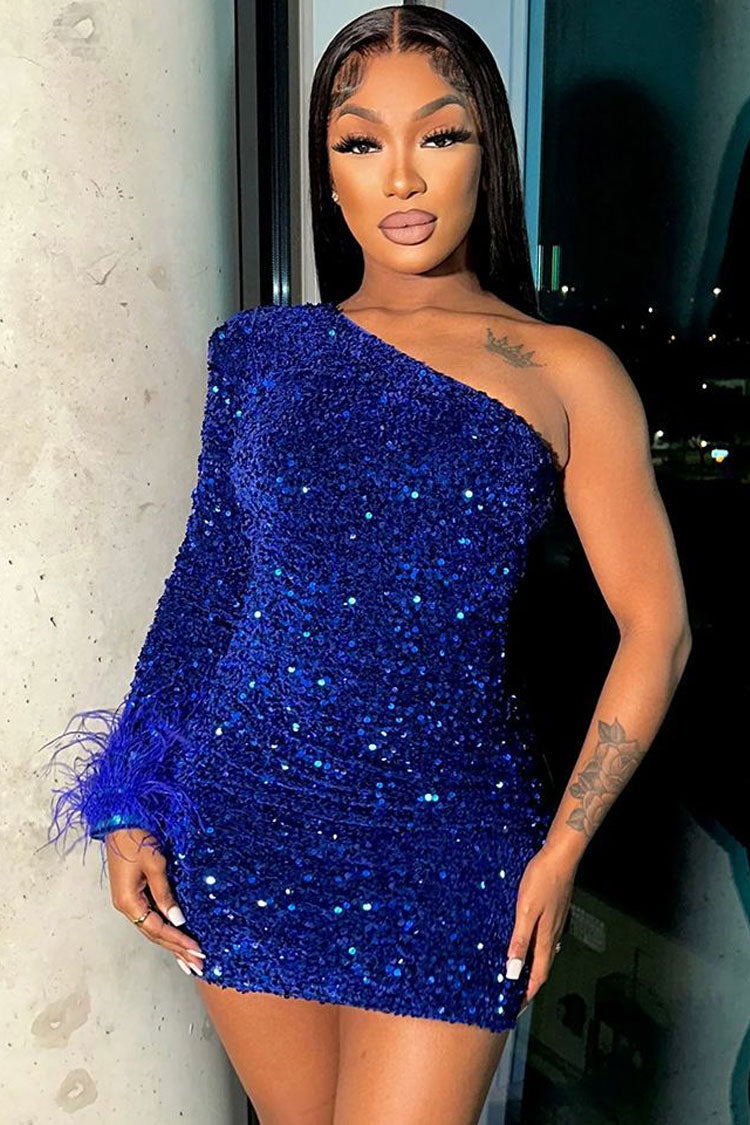 Sequin One Shoulder Long Sleeve Feather Cuff Bodycon Mini Party Dress