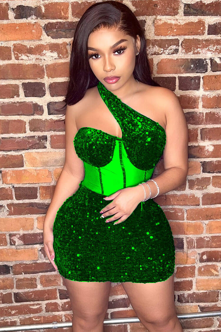 One Shoulder Sequin Bustier Bodycon Party Mini Dress in Green