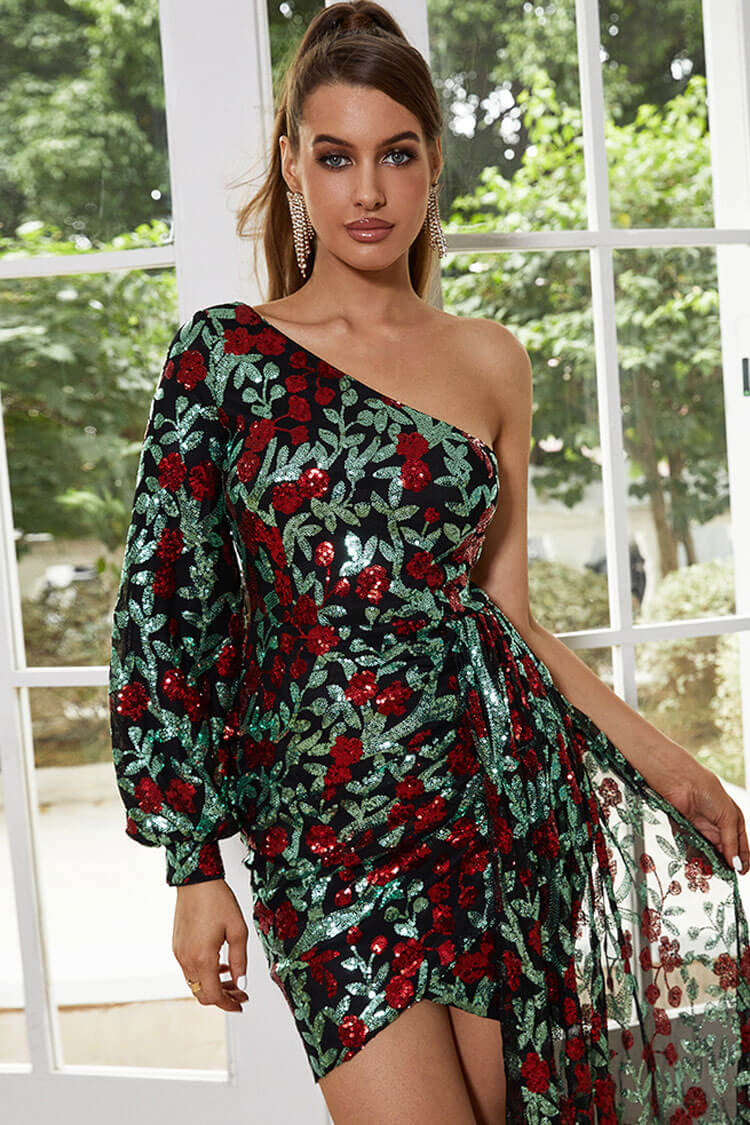 Floral Sequin One Shoulder Long Sleeve High Low Party Dress - View 2