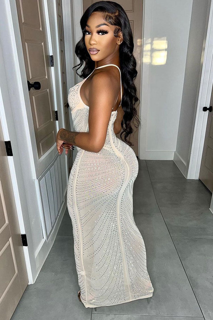 Sparkly Rhinestone Bustier Fishtail Evening Maxi Dress - Apricot - View 2