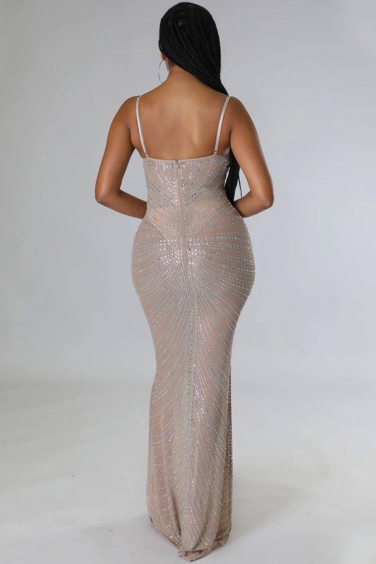 Sparkly Rhinestone Bustier Fishtail Evening Maxi Dress - Khaki - View 4