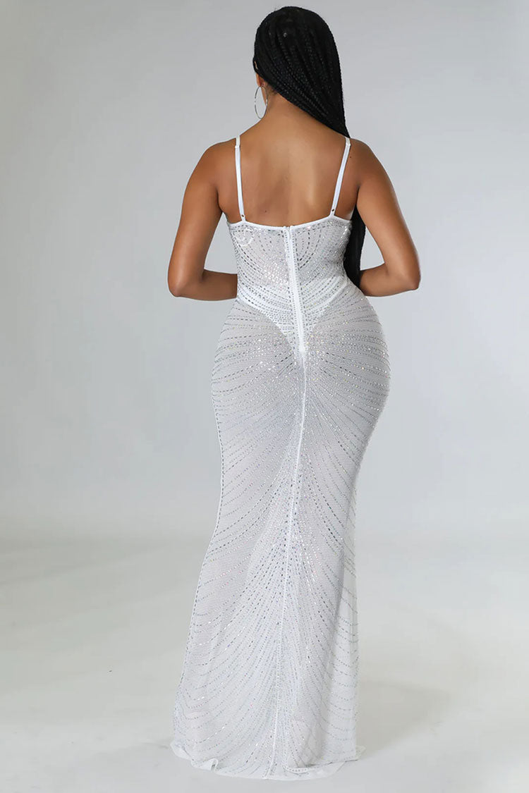 Sparkly Rhinestone Bustier Fishtail Evening Maxi Dress - White - View 4