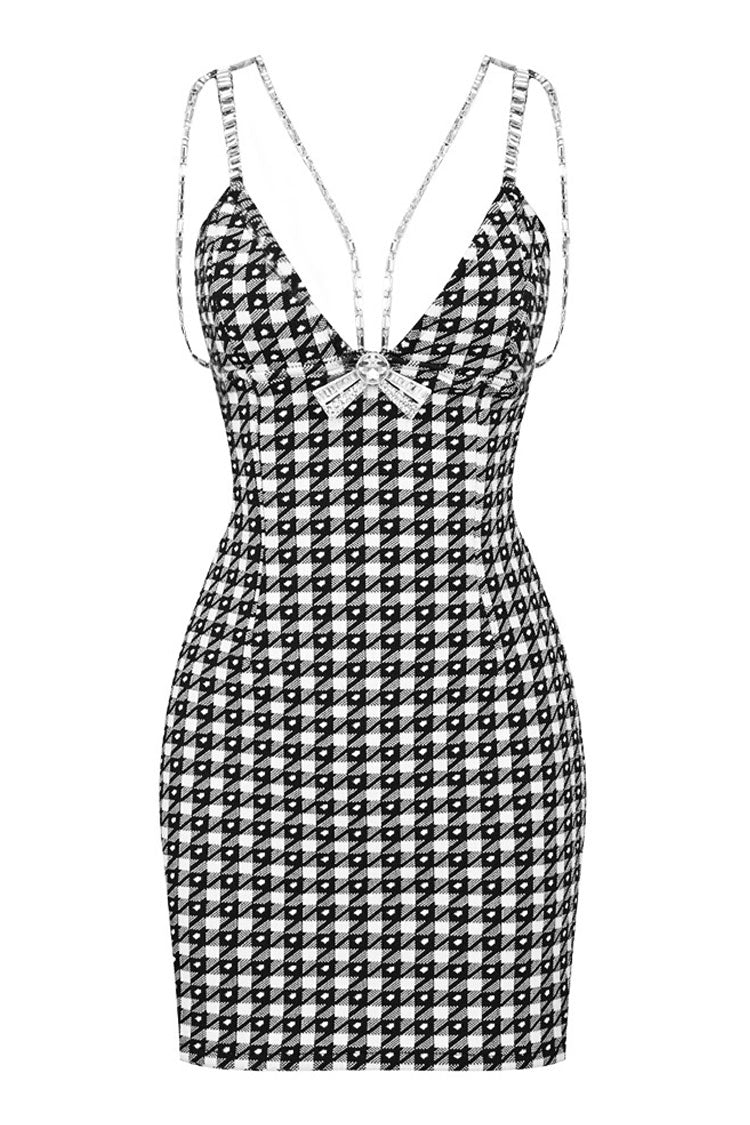 Houndstooth Rhinestone V-Neck Spaghetti Strap Bodycon Mini Dress - View 5