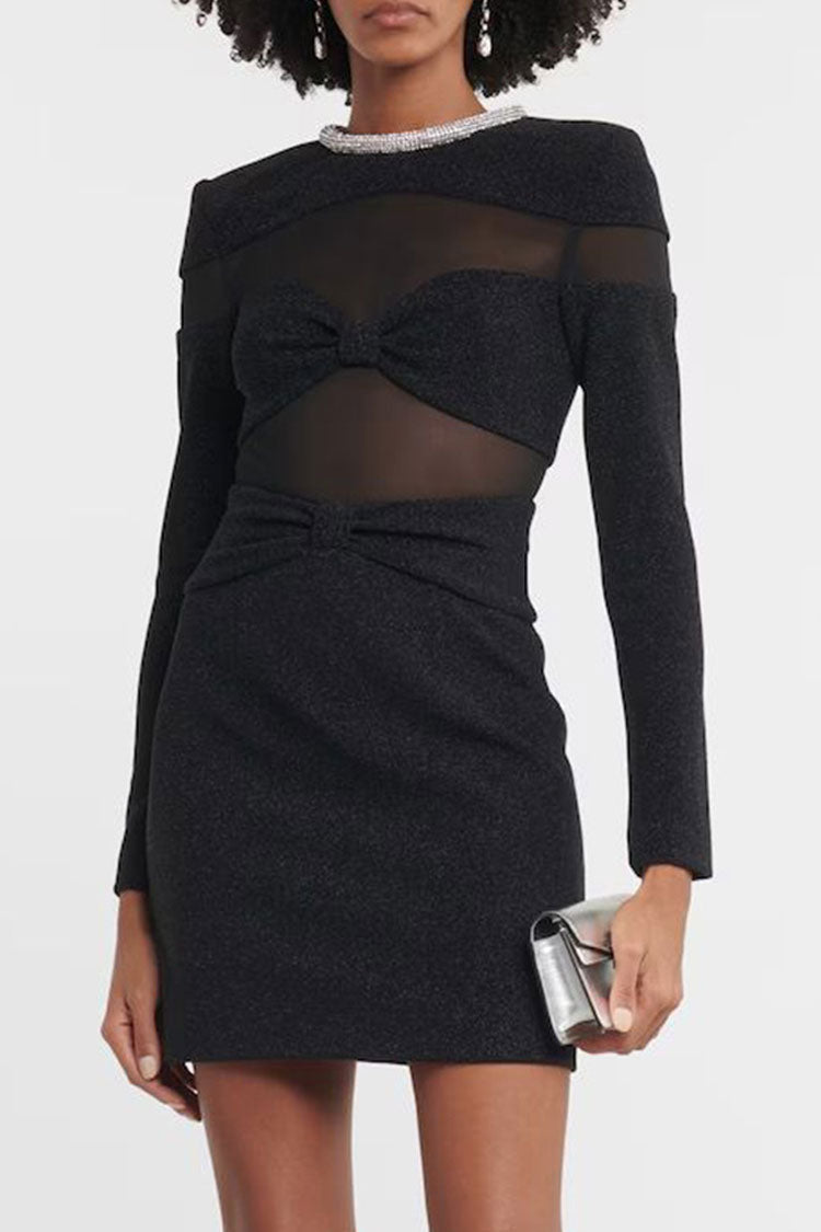 Sparkly Rhinestone Crew Neck Sheer Mesh Party Mini Dress - Black