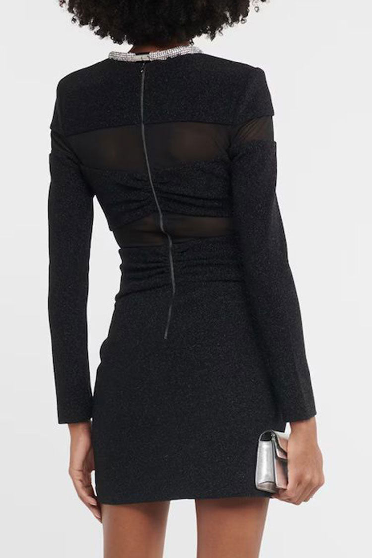 Sparkly Rhinestone Crew Neck Sheer Mesh Party Mini Dress - Black - View 2