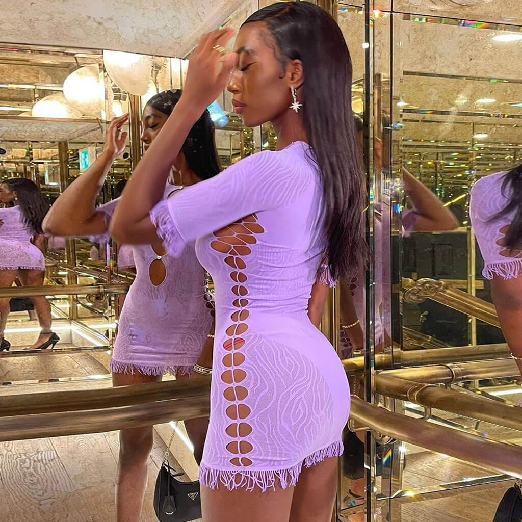 Rhinestone Cut Out Fringe Leopard Mesh Mini Dress - Purple - View 2