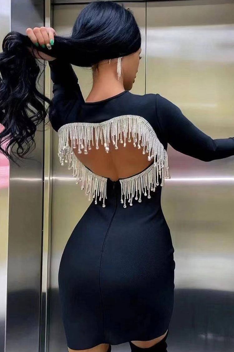 Rhinestone Fringe Long Sleeve Cut Out Back Bodycon Mini Dress - View 3