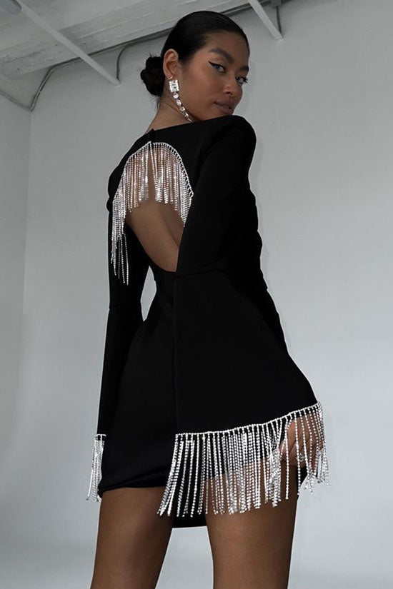 Rhinestone Fringe Cut Out Square Neck Long Sleeve Mini Dress - View 4