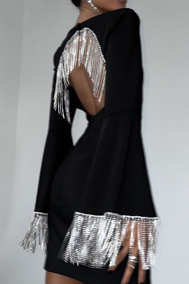 Rhinestone Fringe Cut Out Square Neck Long Sleeve Mini Dress - View 3