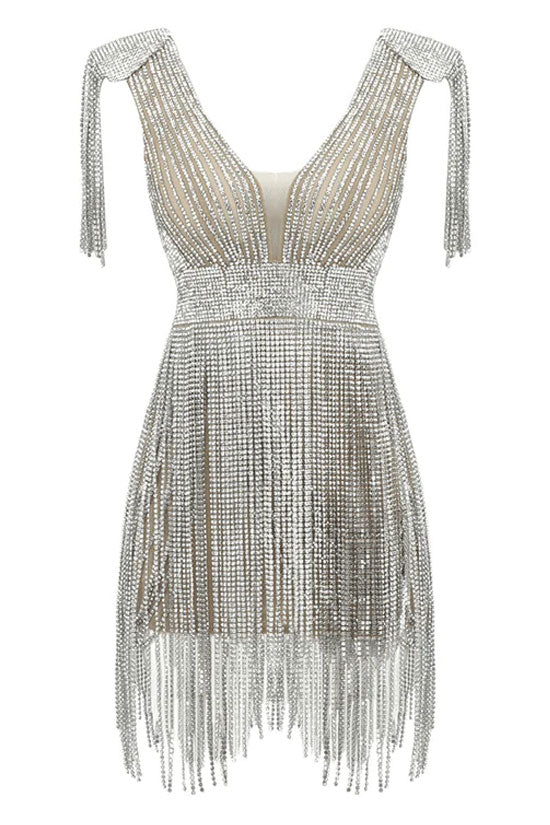 Rhinestone Tassel Fringe Deep V-Neck Sheer Party Mini Dress - View 3