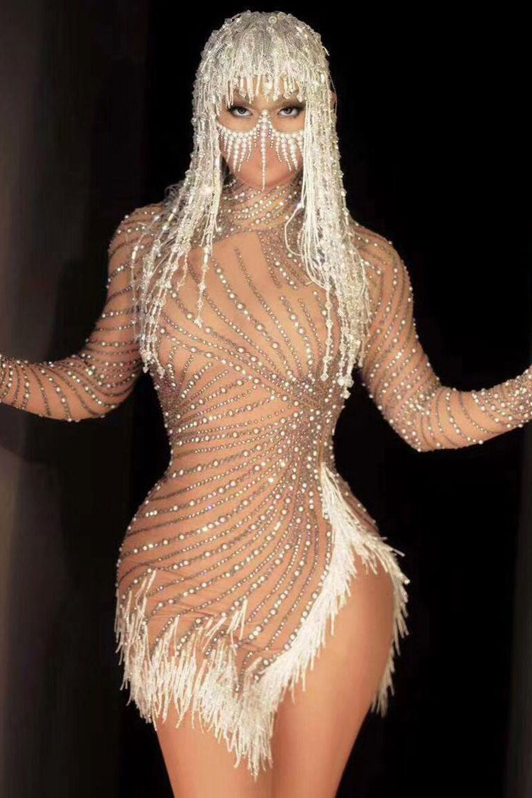 Sparkly Rhinestone Pearl High Neck Sheer Party Mini Dress - Nude