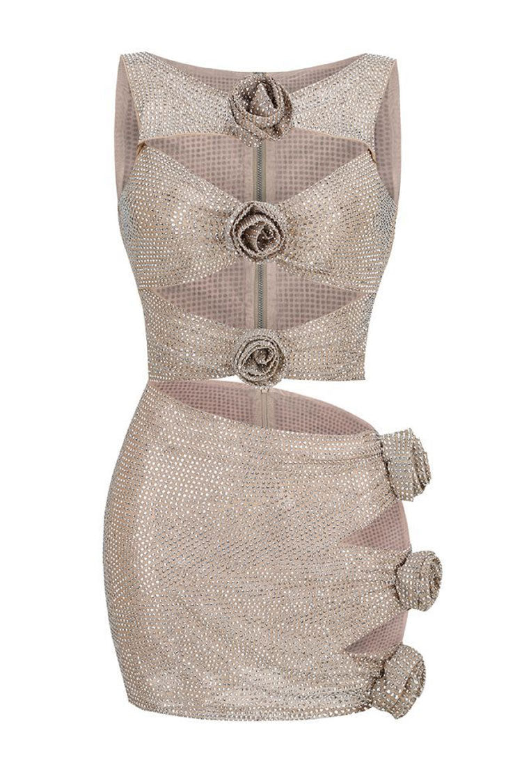 Sparkly Rhinestone Rosette Cutout Mesh Top Mini Dress - Silver - View 4