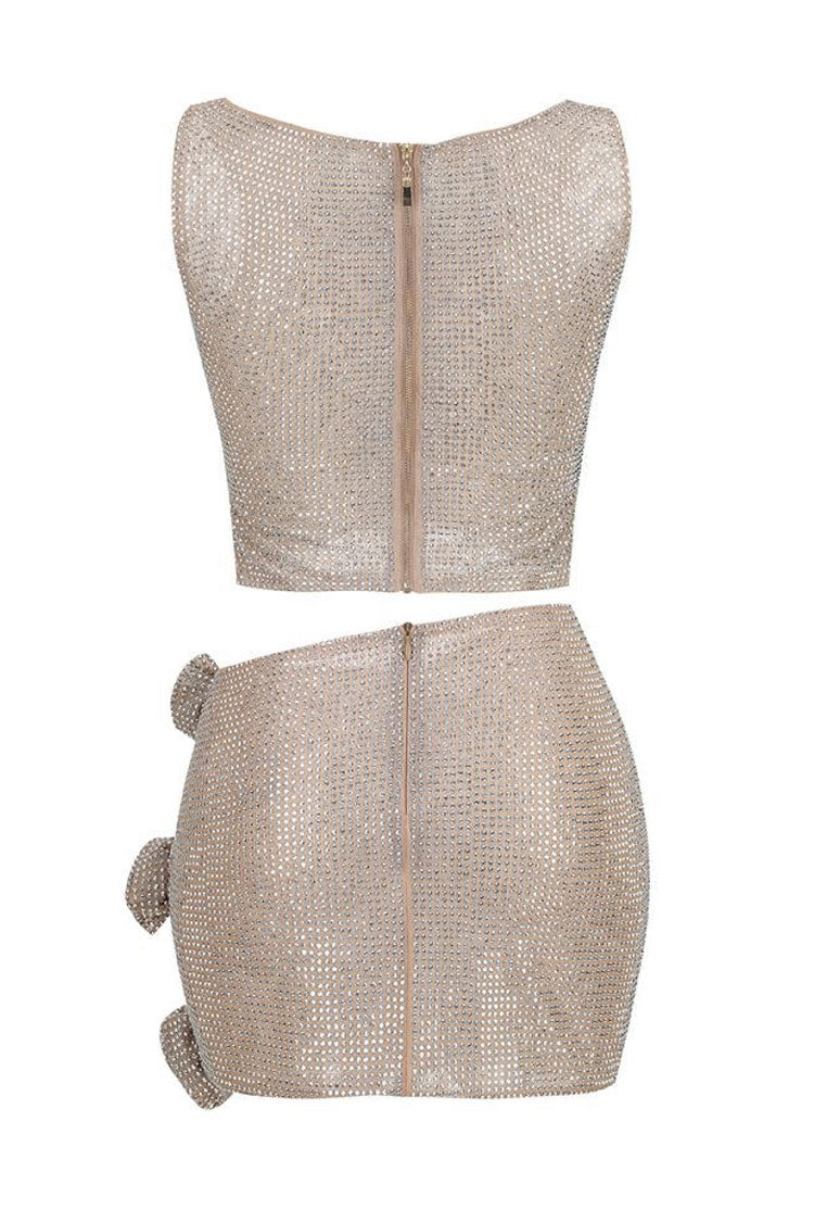 Sparkly Rhinestone Rosette Cutout Mesh Top Mini Dress - Silver - View 5