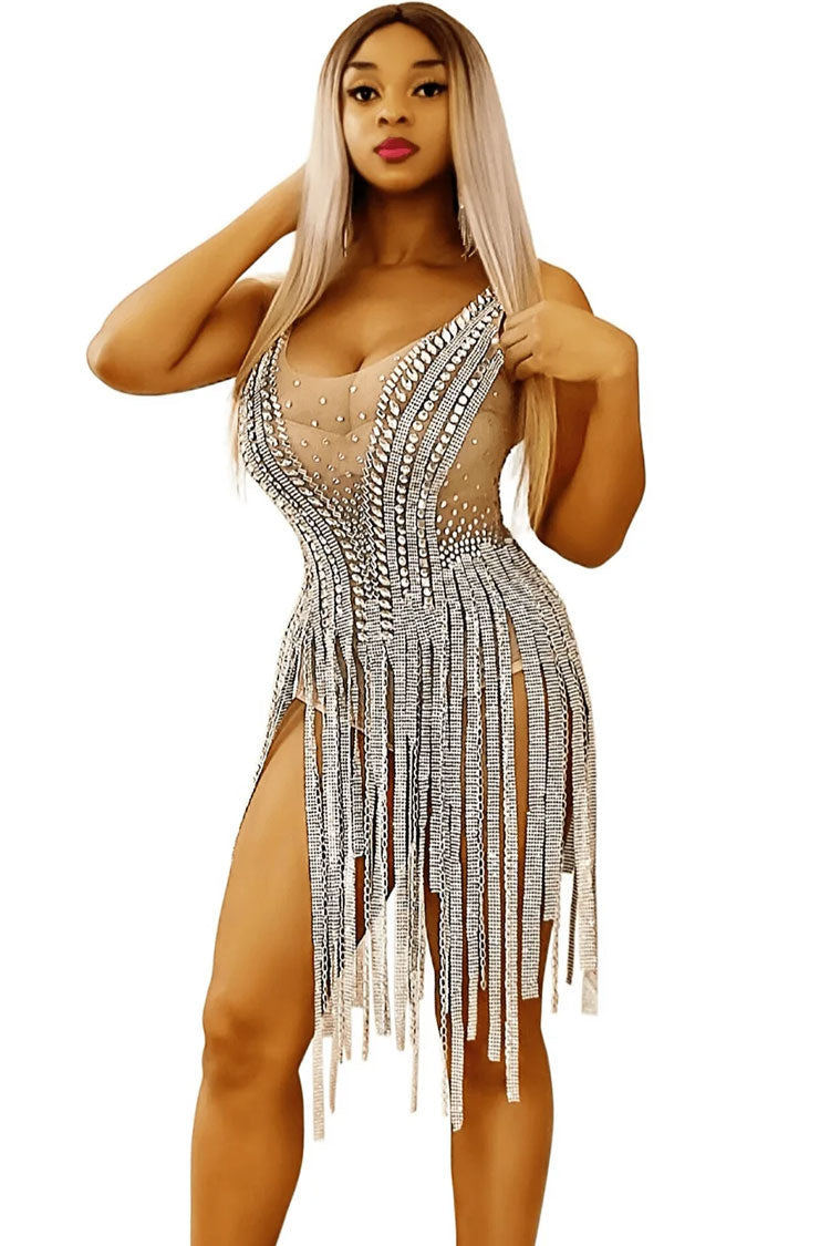 Sparkly Rhinestone Scoop Neck Sheer Mesh Mini Dress - Silver - View 2