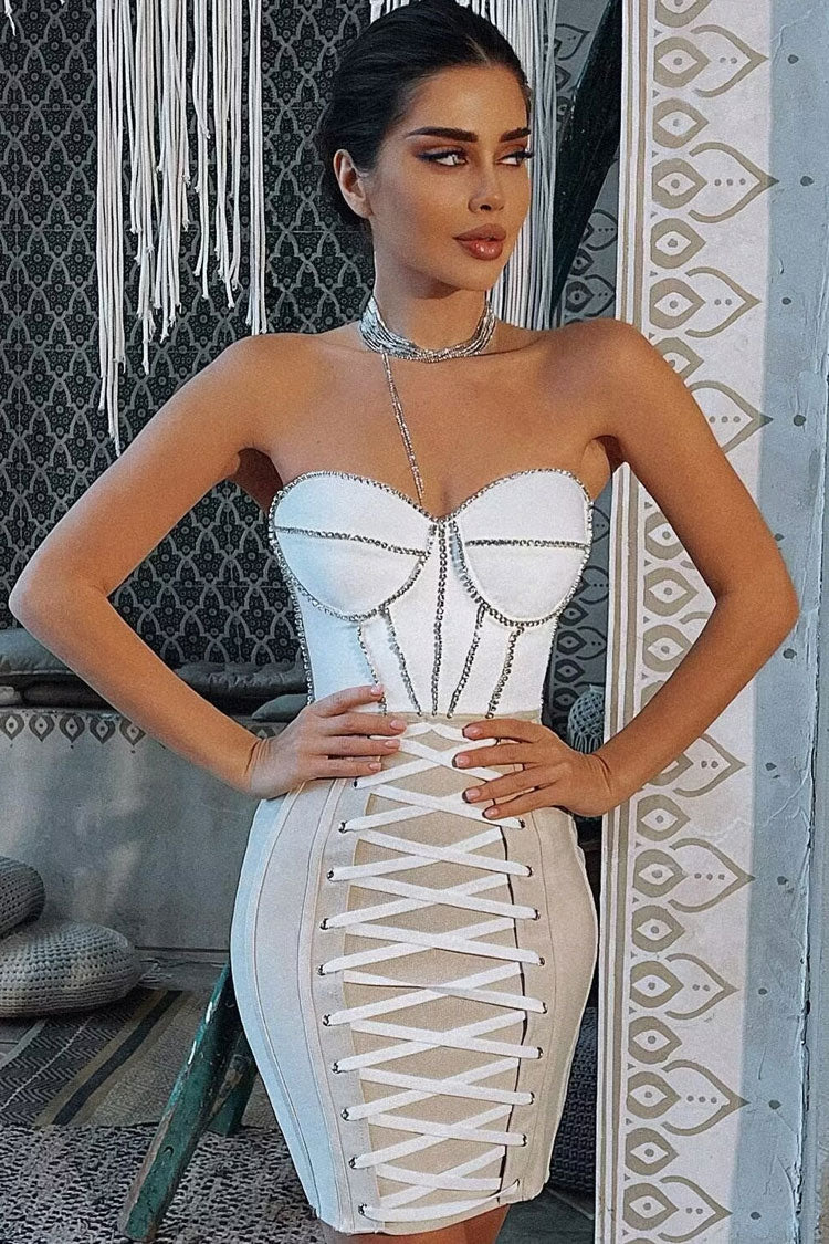 Rhinestone Strapless Lace Up Bandage Bodycon Mini Dress in White
