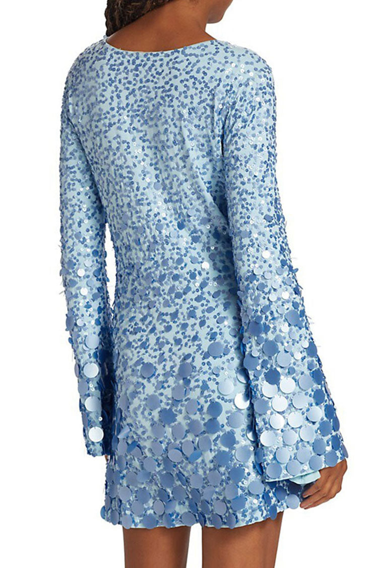Sequin Round Neck Long Sleeve Bodycon Mini Party Dress in Blue
