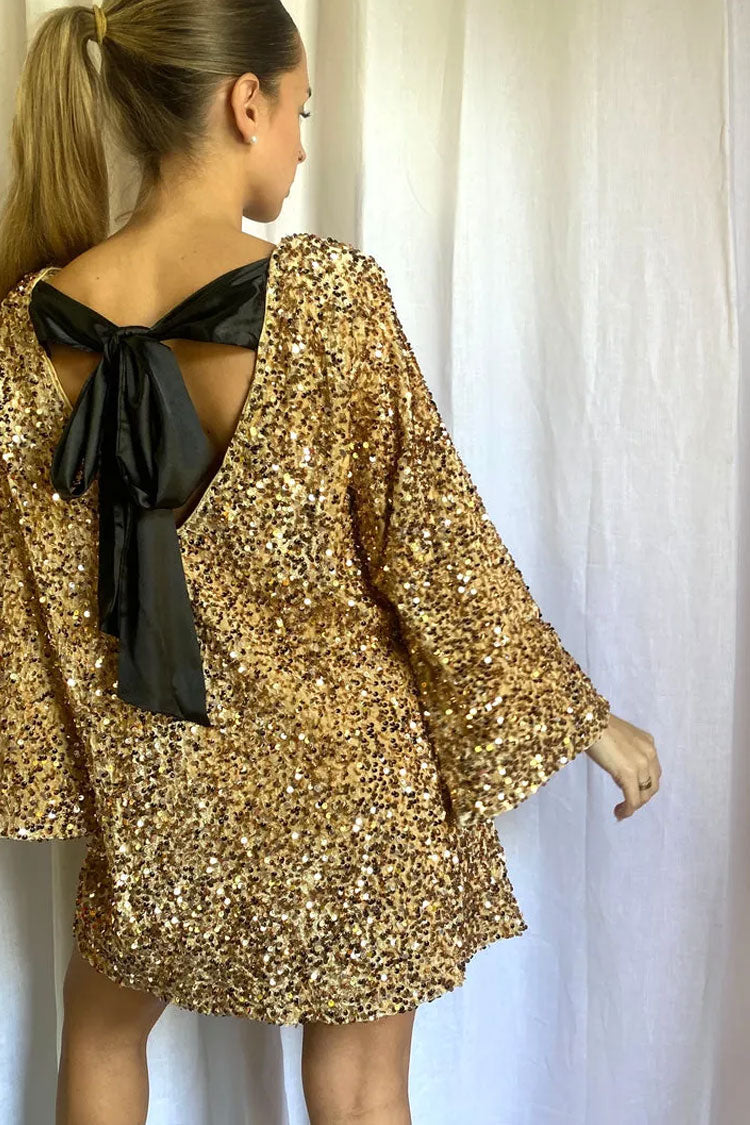 Sequin Long Sleeve Bow Back Oversized Mini Party Dress in Gold - View 4