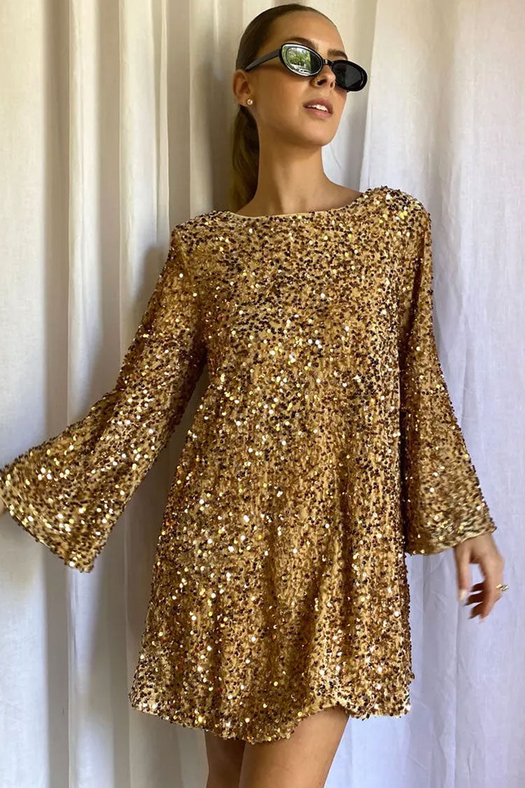Sequin Long Sleeve Bow Back Oversized Mini Party Dress in Gold - View 2