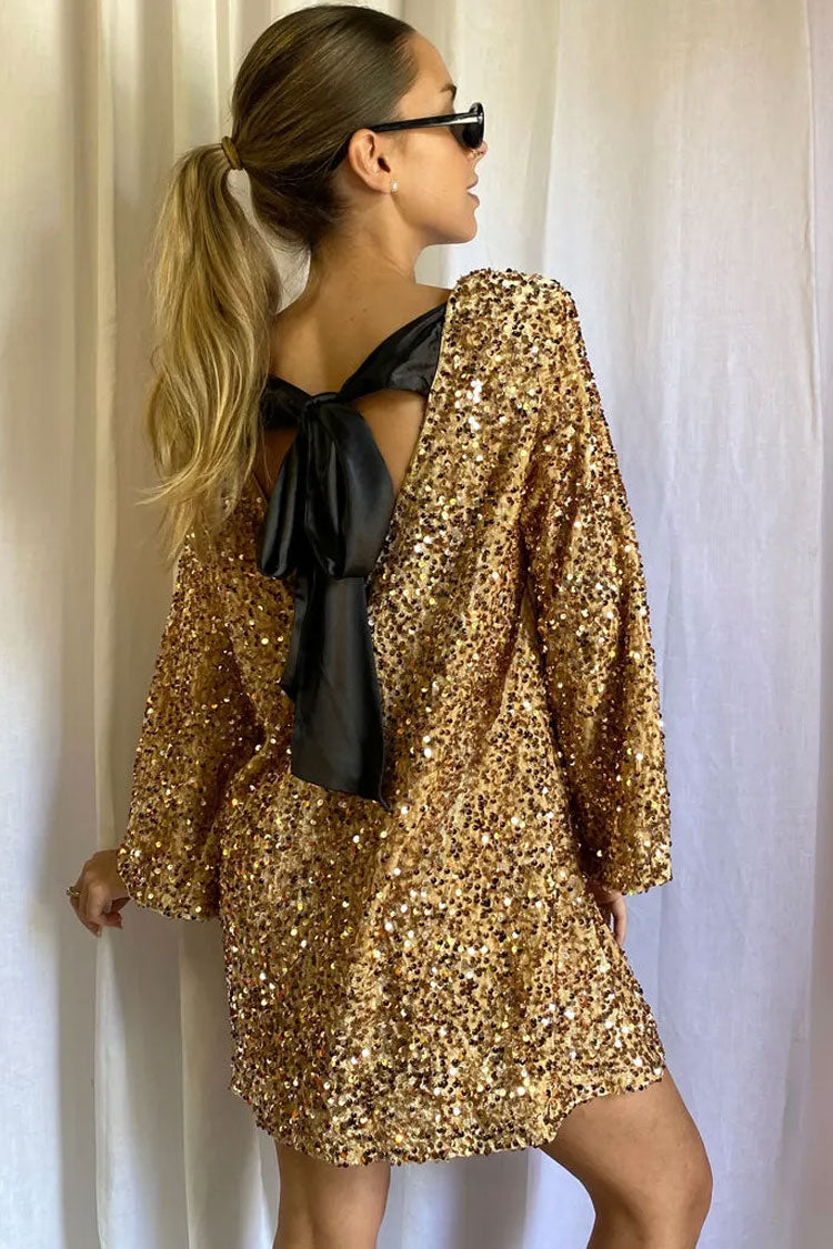 Sequin Long Sleeve Bow Back Oversized Mini Party Dress in Gold