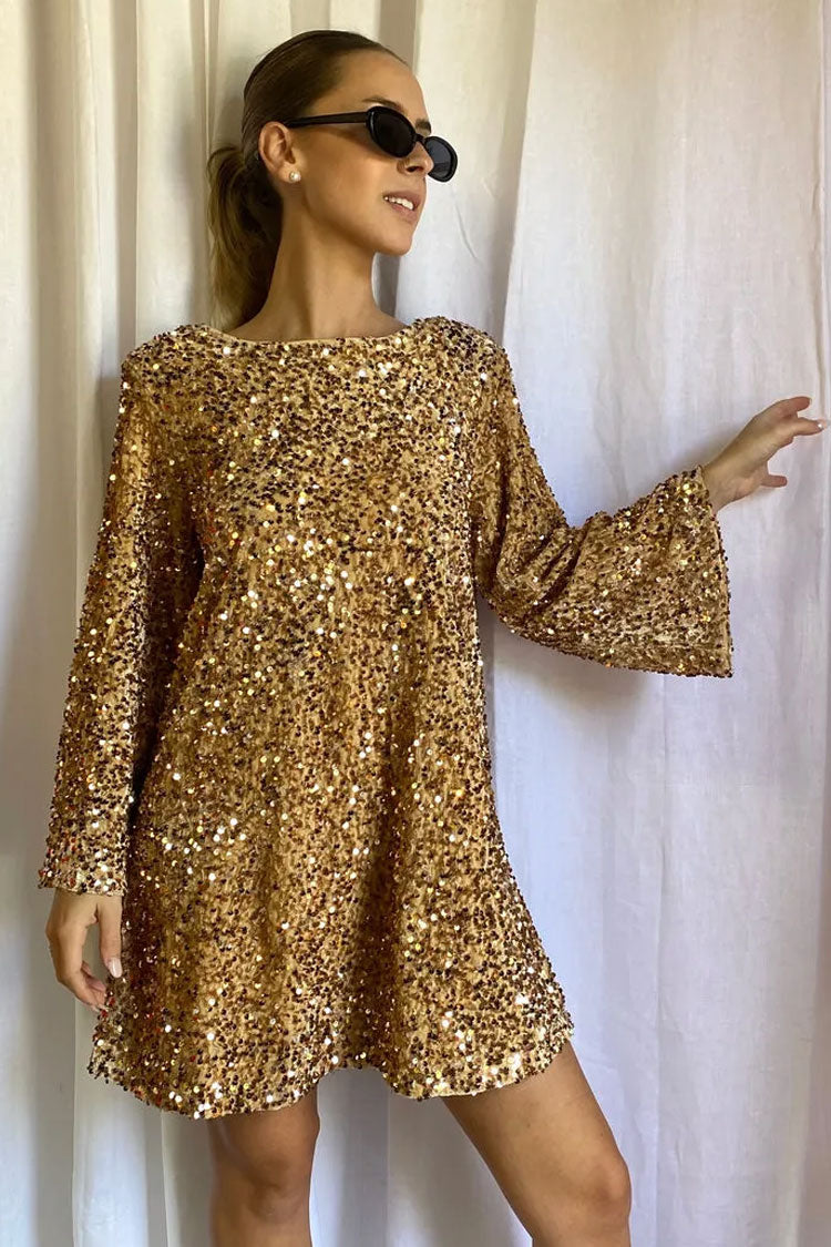Sequin Long Sleeve Bow Back Oversized Mini Party Dress in Gold - View 3