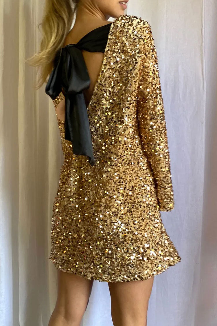 Sequin Long Sleeve Bow Back Oversized Mini Party Dress in Gold - View 5