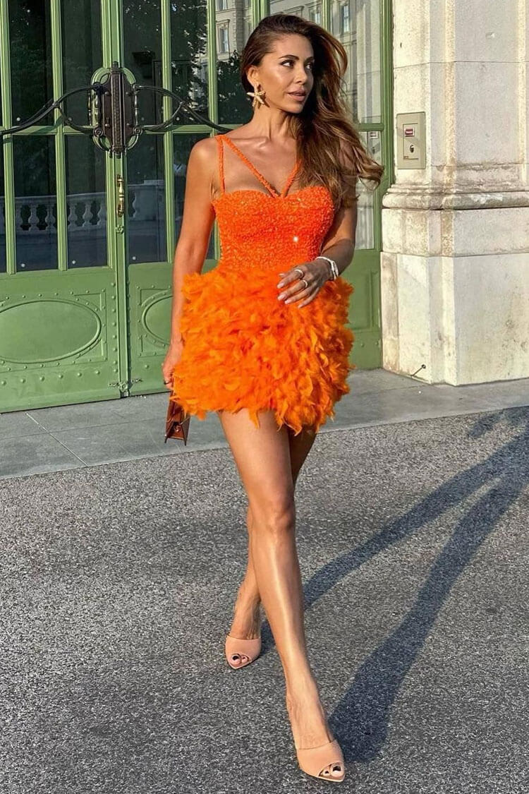 Sequin Spaghetti Strap Bustier Feather Fit and Flare Mini Dress - View 3