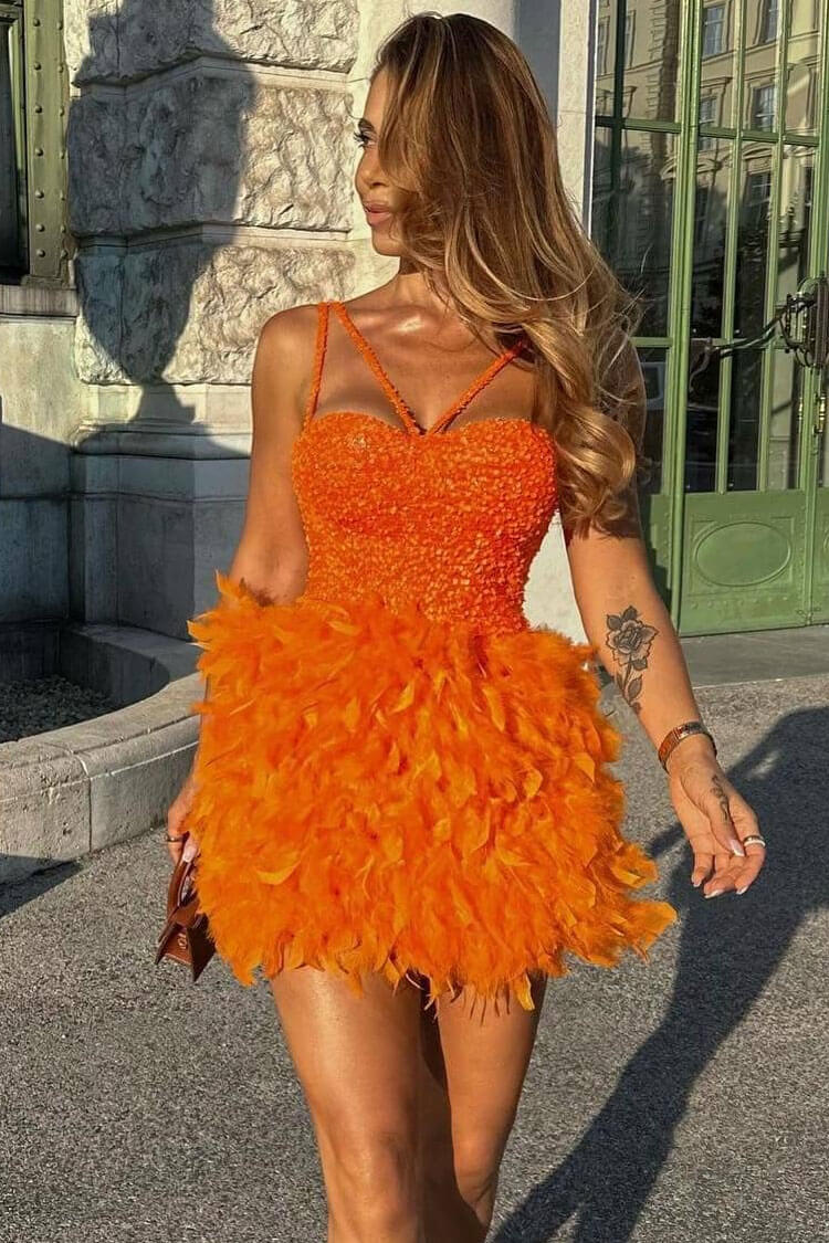 Sequin Spaghetti Strap Bustier Feather Fit and Flare Mini Dress - View 4