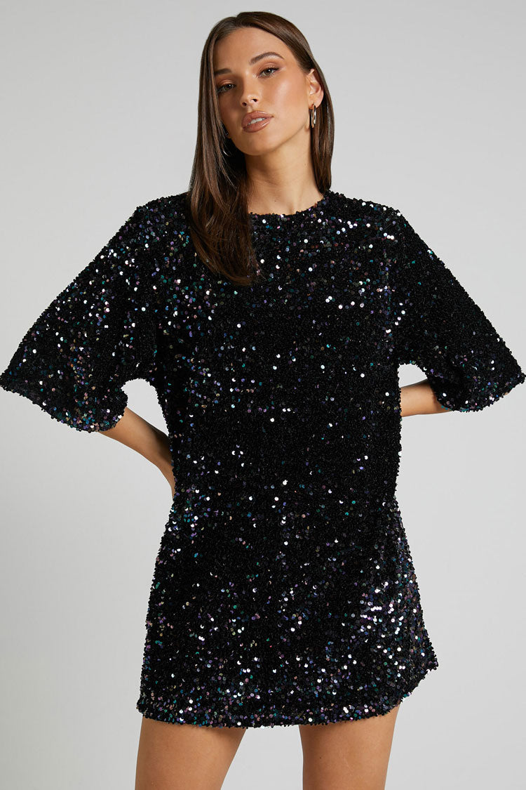 Sequin Crew Neck Short Sleeve Oversized Velvet Mini Dress - View 2