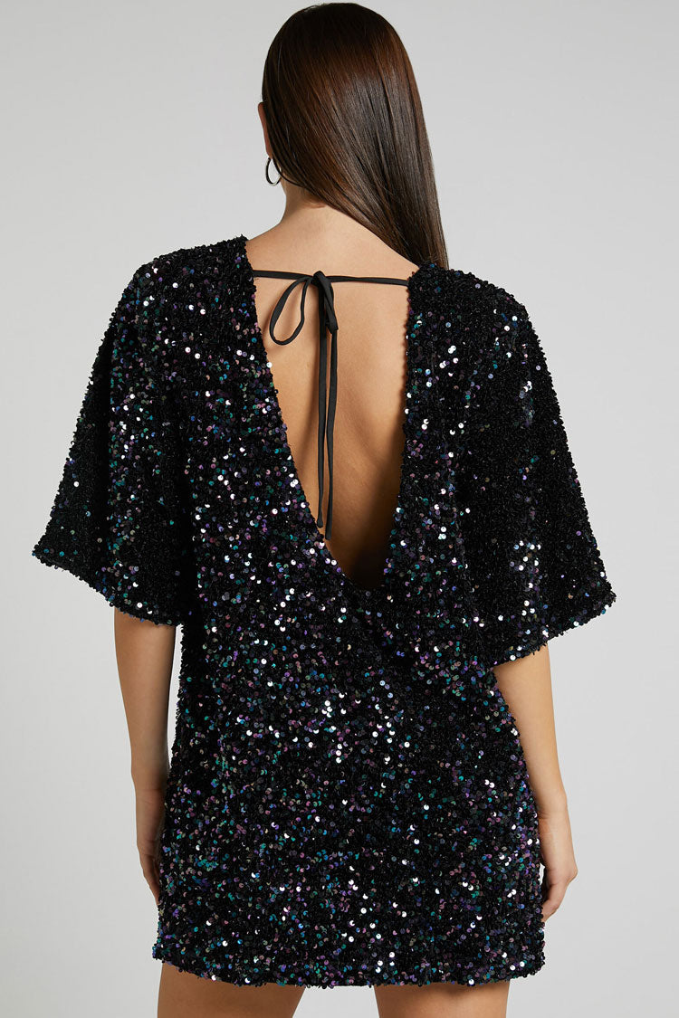 Sequin Crew Neck Short Sleeve Oversized Velvet Mini Dress - View 5