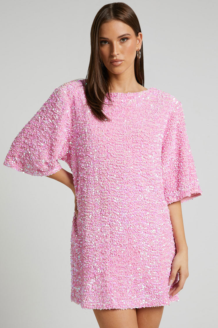 Sequin Velvet Crew Neck Short Sleeve Oversized Mini Dress - View 2