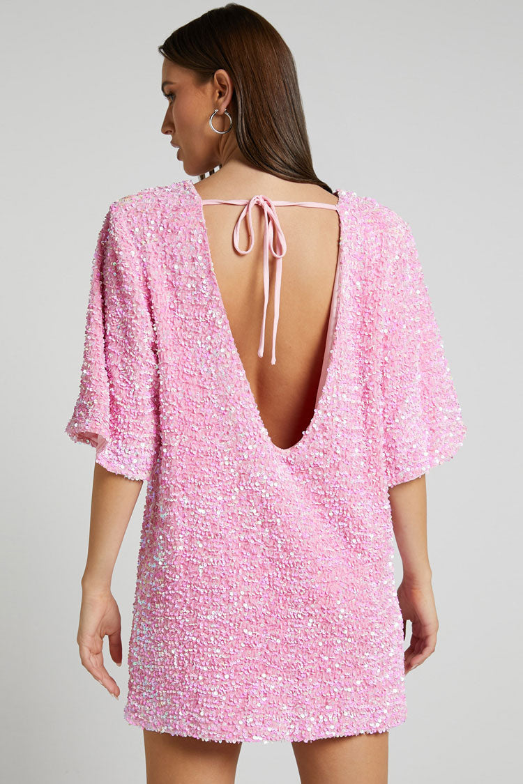 Sequin Velvet Crew Neck Short Sleeve Oversized Mini Dress - View 4