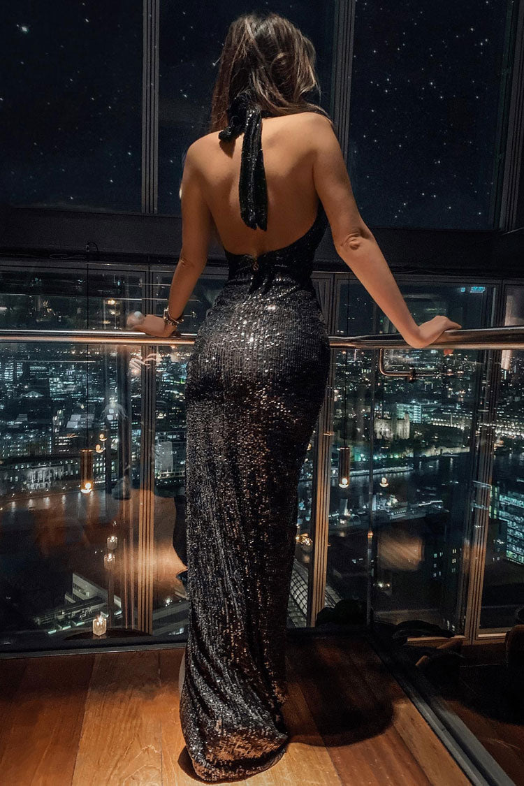 Sequin Halter Neck Backless High Split Maxi Gown - View 7