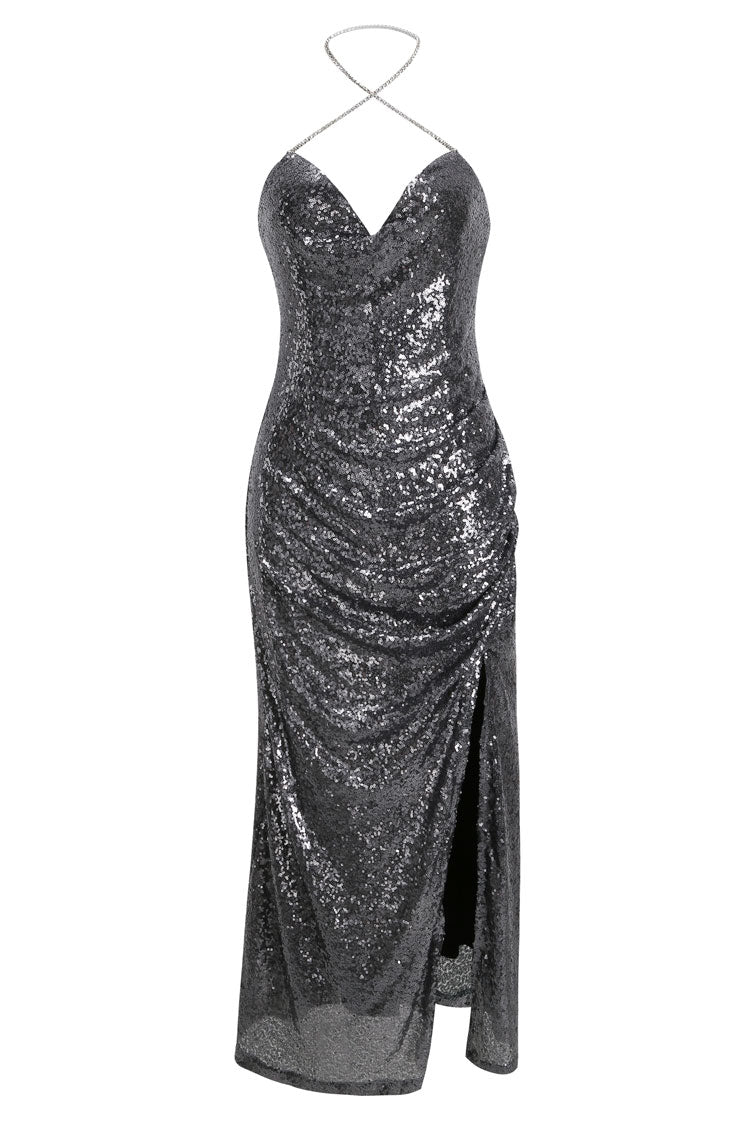 Sequin V-Neck Spaghetti Strap Backless Ruched Bodycon Maxi Dress - View 4