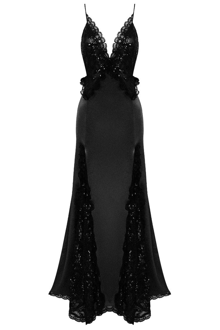 Sequin Deep V-Neck Lace Trim High Split Satin Maxi Dress - View 5