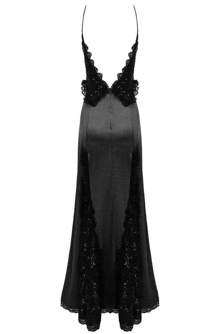 Sequin Deep V-Neck Lace Trim High Split Satin Maxi Dress - View 6